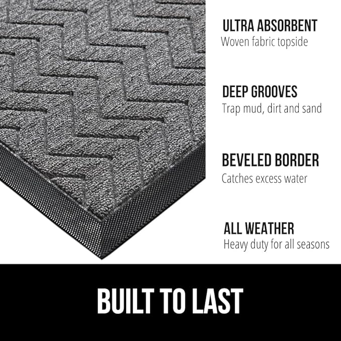 GORILLA GRIP 100% Waterproof All-Season WeatherMAX Doormat, 60x24, US Designed Natural Rubber, Stain and Fade Resistant, Low Profile Indoor Outdoor Door Mats, Easy Clean Patio Mat, Steel Chevron