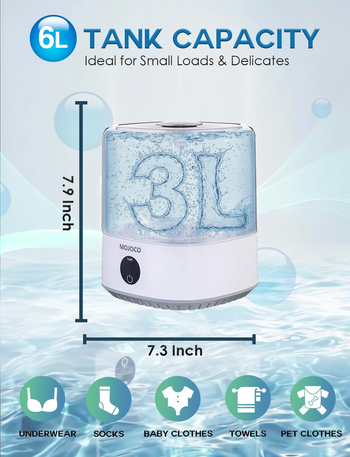 MOJOCO Mini Washing Machine - 3L Small Portable Washing Machine with 3 Wash Modes for Underwear, Socks & Baby Clothes - Rechargeable Countertop Mini Washer for Dorms, Hotels, Travel & Camping