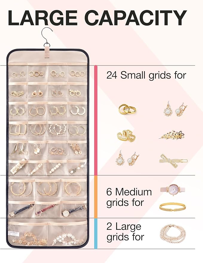 BAGSMART Hanging Jewelry Organizer Storage Roll with Hanger Metal Hooks Double-Sided Jewelry Holder for Earrings, Necklaces, Rings on Closet, Wall, Door, 1 piece, Large, Black