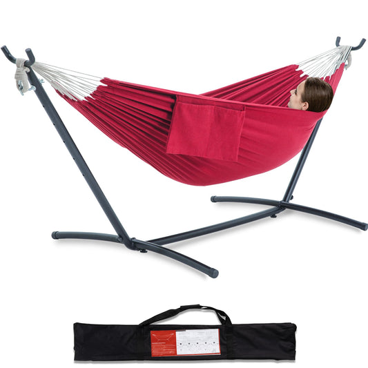 PNAEUT Double Hammocks with Stand for Outside, Portable Space Saving Heavy-Duty Steel Stand for Indoor Outdoor Patio with Carrying Bag, 450 lbs Capacity (Cherry)