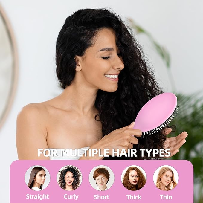 Boar Bristles Hair Brush for Women and Men, Detangling Hair Brush for Smoothing Massage Add Shine, Nylon&Boar Bristles Detangler brush for Hair Healthy (1 Pcs-Pink&White)