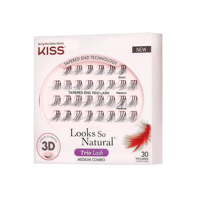 Kiss Looks So Natural Trio Lash Combo Pack False Eyelashes, Lash Extension Kit, Short & Medium, Tapered End Technology, 3D Lengths & Angles, Easy Grip Tray, Lash Glue 0.7g, 30 Lash Clusters