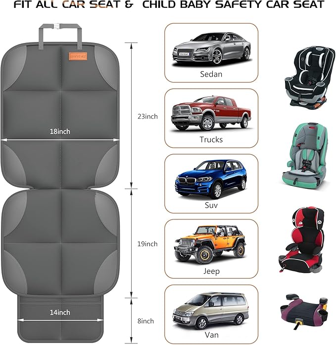 SMART ELF Car Seat Protector for Child Car Seat - Waterproof 600D Fabric Baby Seat Protectors for Non-Slip Backing Mesh Pockets for Baby and Pet, Easy Storage（Dark Gray）