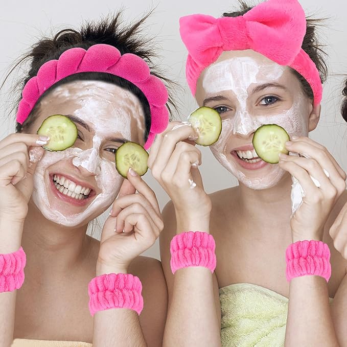 Semato Spa Headband and Wristband Set - Fluffy Bow Face Wash Hair Accessories With Bubble Sponge for Women and Girls (Hot Pink)