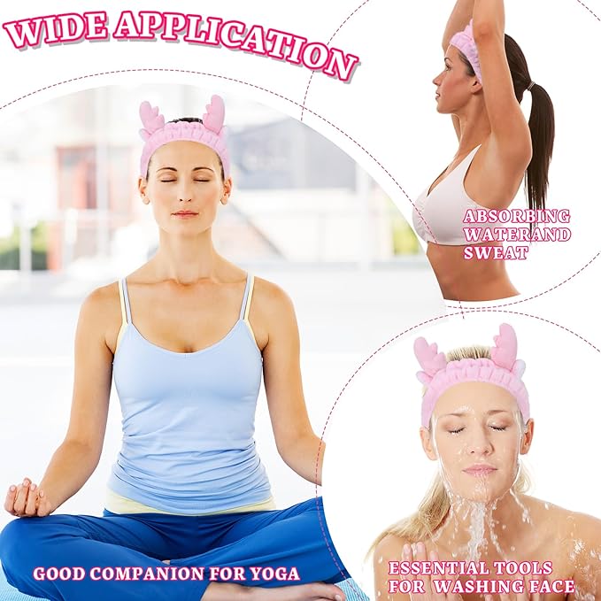 Jowmoy Cute Pink antlers Headband Frog Eye Elastic to Wash Face for Women Makeup Shower Spa.