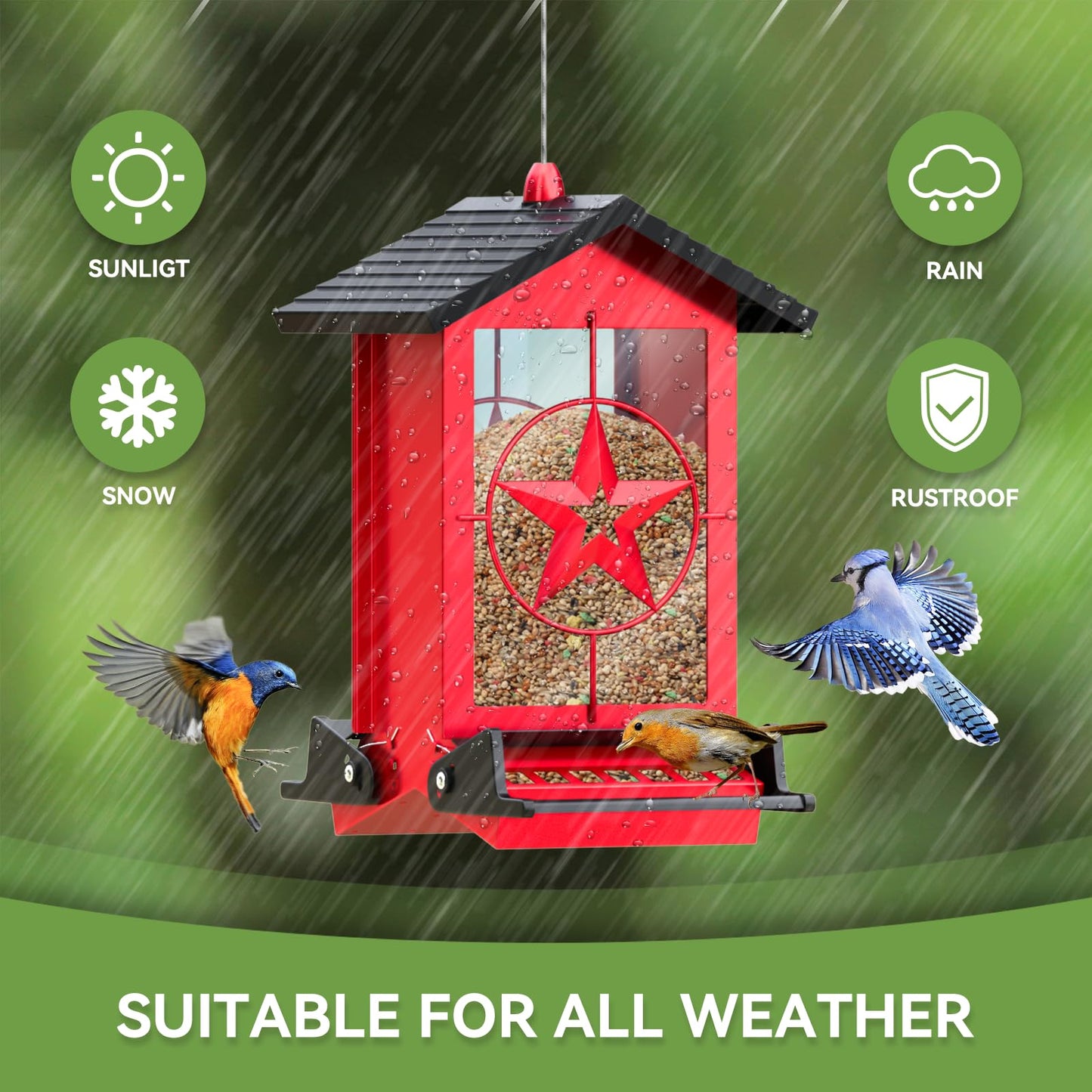 Squirrel Proof Bird Feeders for Outdoors with Weight-Activated, Metal 5LB Large Wild Bird Feeders for Cardinals,Blue Jay,Finch, Weatherproof Durable Hanging Bird Feeder for Backyard,Garden (Red)