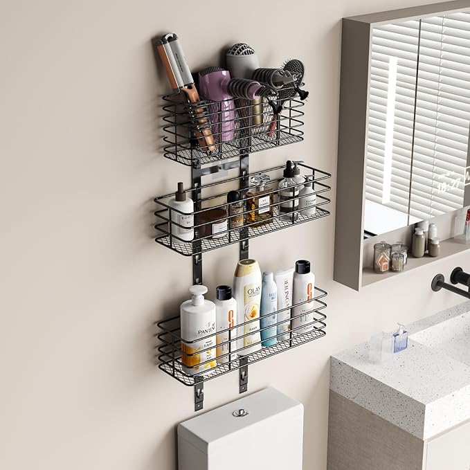 Yuyetuyo 5-Tier Over The Door Organizer Bathroom - Hair Dryer Holder - Hair Tool Organizer Adjustable Height, DIY Bathroom Storage Shelf Wall Mounted for Flat/Curling Irons, Straighteners, Skincare