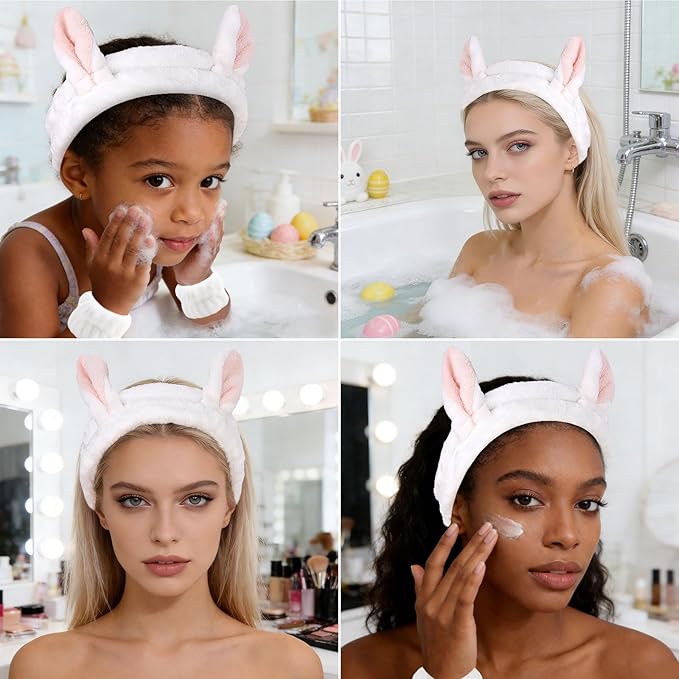 YISSION Cute Bunny Ear Spa Headband and Wristband Set for Women and Girls - Soft Plush Makeup Headband with Wrist Towels for Face Washing, Skincare, Shower, Easter Party Favors (White)