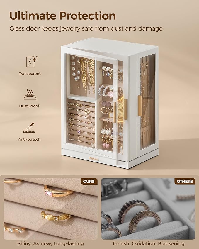 Glimmloop 360ÃÂ° Rotating Jewelry Box with 7 Drawers, Spacious Vertical Jewelry Organizer with Glass Window, Jewelry Storage Case, Dustproof & Moisture-resistant Design, White