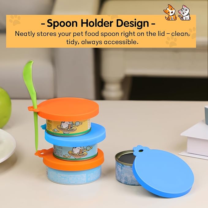 Lydia’s Deal Pet Food Can Covers 2-Pack, Universal Silicone Can Lids for Dog & Cat Food, Fits 3oz/5.5oz/12oz Cans, Airtight & BPA-Free, Dishwasher-Safe, Includes Green Spoon (Blue + Orange)
