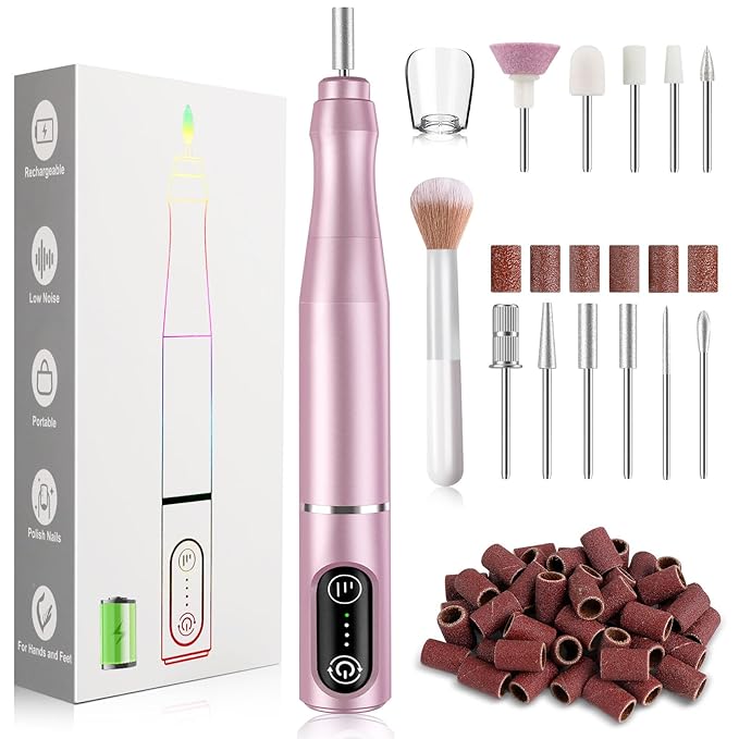Cordless Nail Drill Electric Rechargeable File Kit, Professional Efile Acrylic Gel Nail Polish Remover Pedicure Manicure Machine Portable Set with 11 Bits 56 Sanding Bands (Pink)
