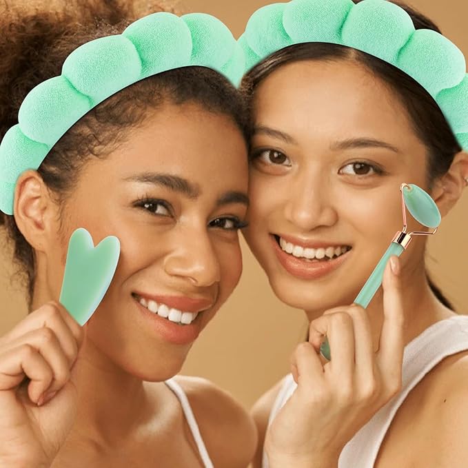 Chanaco Spa Headband and Wristbands for Women Gua Sha & Jade Roller Facial Tools Skincare Headband for Washing Face Makeup Fash Wash Hairband Teen Girl Trendy Stuff