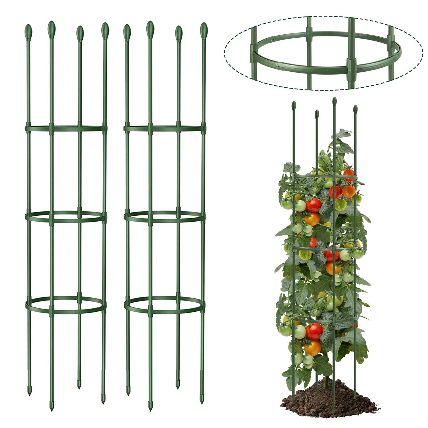 Round Heavy Duty Tomato Cage - 55 Inch Steel Core Plastic Coated Garden Trellis, 4-Post Rustproof Plant Support for Tomato/Cucumber/Beans, No Tools Snap Assembly, Spare Parts Available