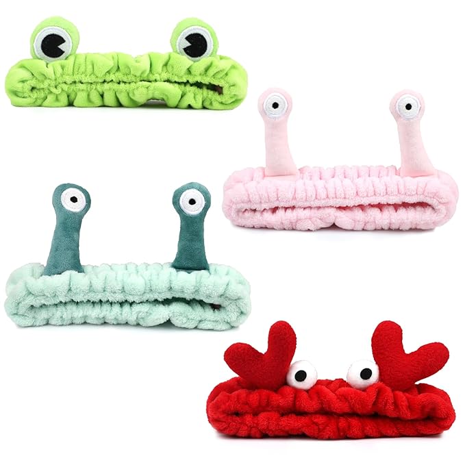 4 Pack Face Wash Headband Facial Makeup Skincare Headbands, Elastic Coral Fleece Spa Hairband for Washing Face, Cartoon Fun Frog Snail Crab Hair Accessories