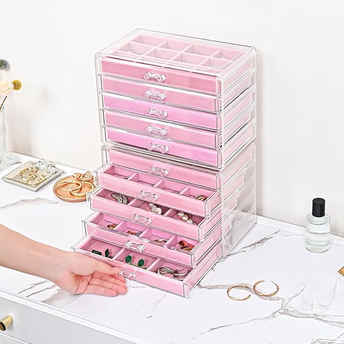 ProCase Earring Holder Organizer Jewelry Box with 10 Drawers, Acrylic Clear Earring Case with Adjustable Velvet Trays for Women - Pink, 10 Layers