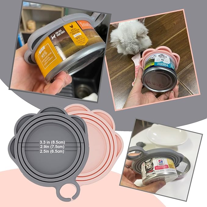 SJANE 4 Pcs Cat Food Spoon & Can Covers | Cute Paw Silicone Pet Food Opener Spatula & Lids | Stainless Steel Wet Food Spoon for Cats and Dogs (Pink+Grey)