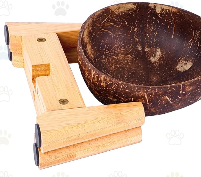 Dog Bowl for Cats and Small Dogs - All-Natural, Polished Coconut Shell Bowl with Wood Stand - Elevated/Raised 5-inch Total Height - Food-Contact Suitable