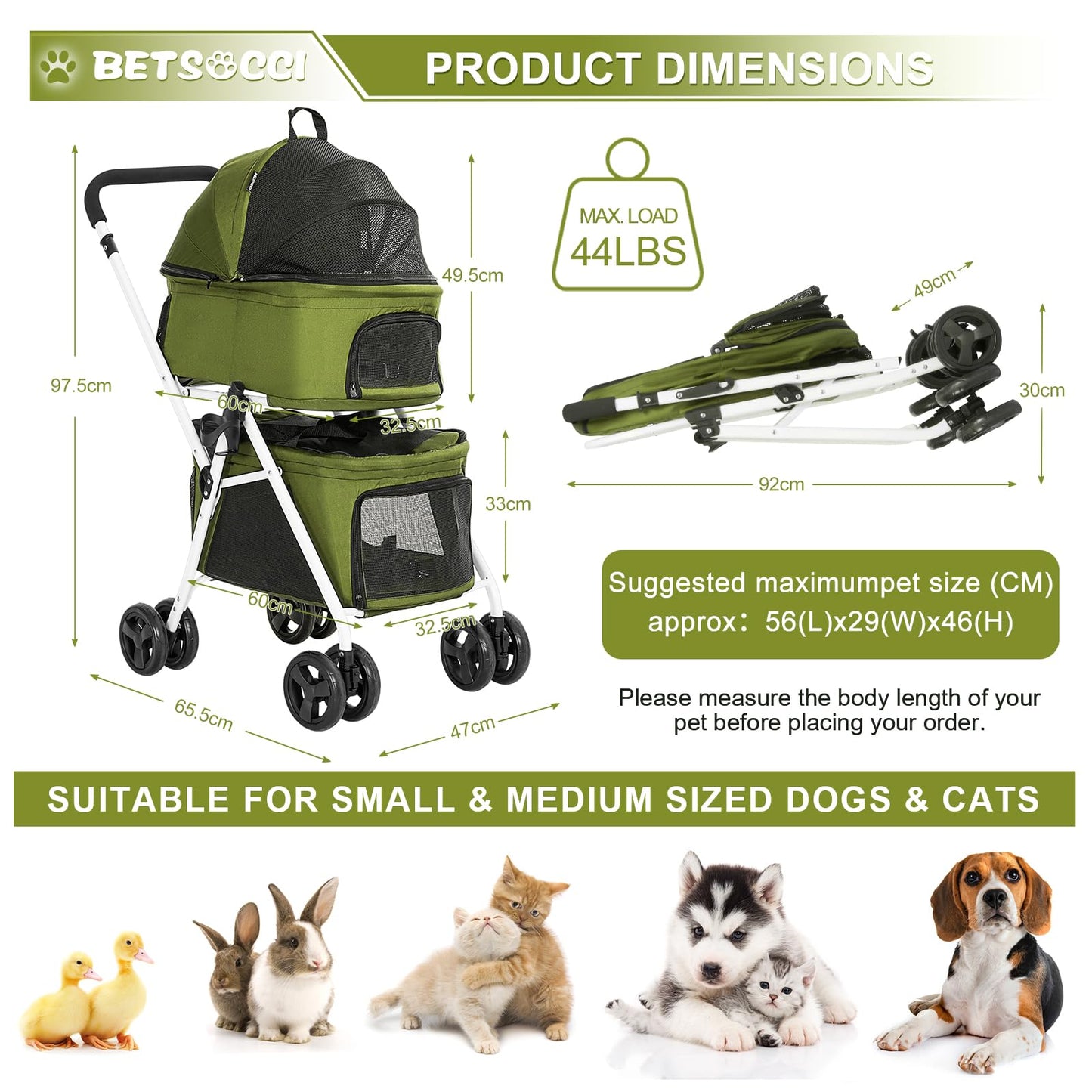 BETSOCCI Double Dog Stroller with 2 Detachable Carrier, Portable Pet Stroller for Small Dogs & Cats Folding Lightweight Puppy Travel Carriage, 4 Wheels, Olive Green