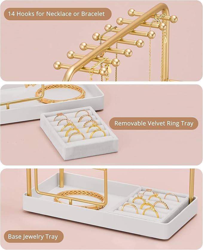 ProCase Jewelry Stand Holder Organizer, Jewelry Display Storage with Ring Tray, No-Assembly, Rotating Earring Bracelet Necklace Holder,Valentine's Gifts Room Dorm Decor for Teen Girls -Gold
