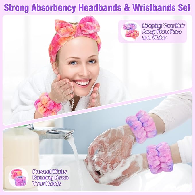 6 Pack Spa Headband with Wristbands: Washing Face Facial Makeup Skincare Headbands for Women Teen Girls - Soft Coral Fleece Elastic Hair Wraps for Easter Basket Stocking Stuffers Valentines Day Gifts