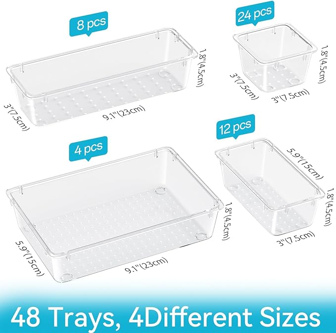 48 PCS Drawer Organizer Set, 4 Sizes Tool Storage Trays, Clear Plastic Makeup Vanity Organizer and Storage Bins for Makeup, Stationeries, Multiple Gadgets for Bathroom, Office, Bedroom