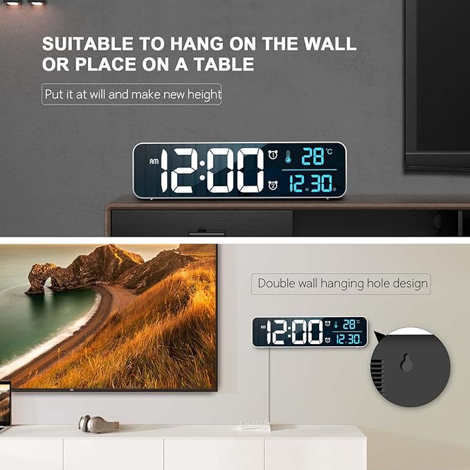 Hournor Digital Clock for Bedroom, Digital Wall Clock for Living Room Decor, Desk Table Clocks, Digital Clock Large Display, Bedroom Smart Alarm Clock for Office White Blue