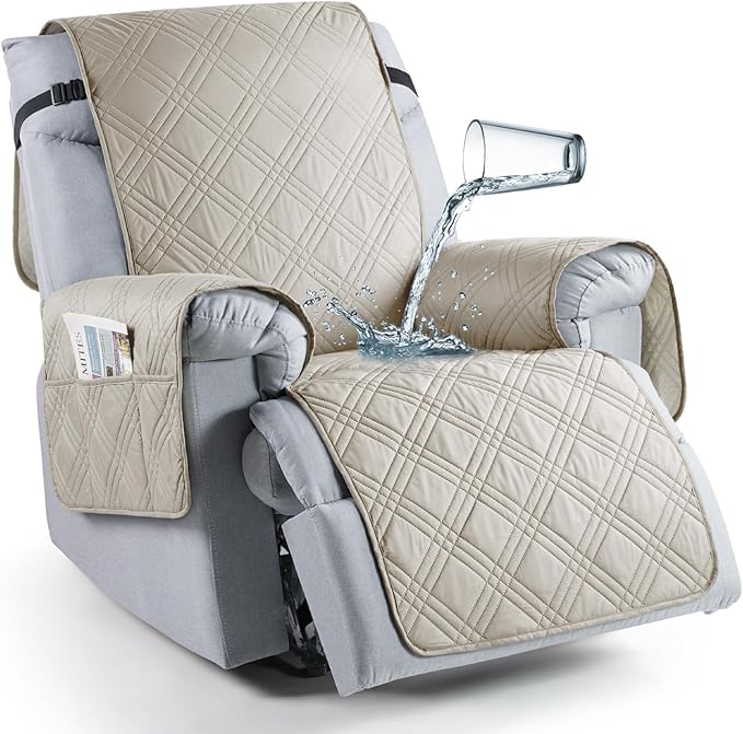 TAOCOCO 100% Waterproof Recliner Chair Cover, Small Recliner Covers for Recliner Chair with Pocket, Non Slip Reclining Chair Cover Furniture Protector for Kids, Pets(20'', Cream)