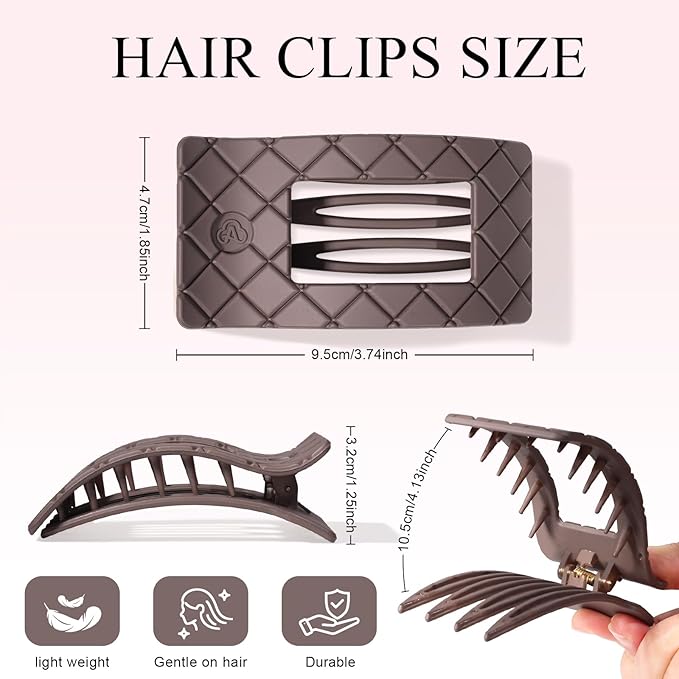 Large Flat Hair Claw Clips for Women Fine Thin Medium Thick Hair, Duckbill Strong Hold Non Slip Square Hair Clips, Cozy French Lay Down Hairclips, Beige, Light Brown, Dark Brown, Black, 4 Pcs