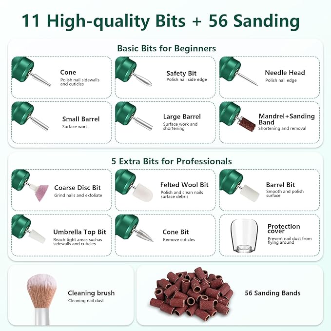 Cordless Nail Drill Electric Rechargeable File Kit, Professional Efile Acrylic Gel Nail Polish Remover Pedicure Manicure Machine Portable Set with 11 Bits 56 Sanding Bands Salon Blackish Green