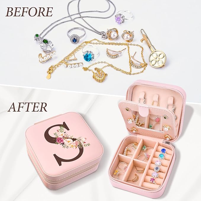Mothers Day Mom Gifts for Wife Daughter Grandma, Travel Jewelry Case Box Organizer, Personalized Gifts for Women Teen Girls Mom Aunt Sister, Bridesmaid Gifts Traveling Essentials, Initial S