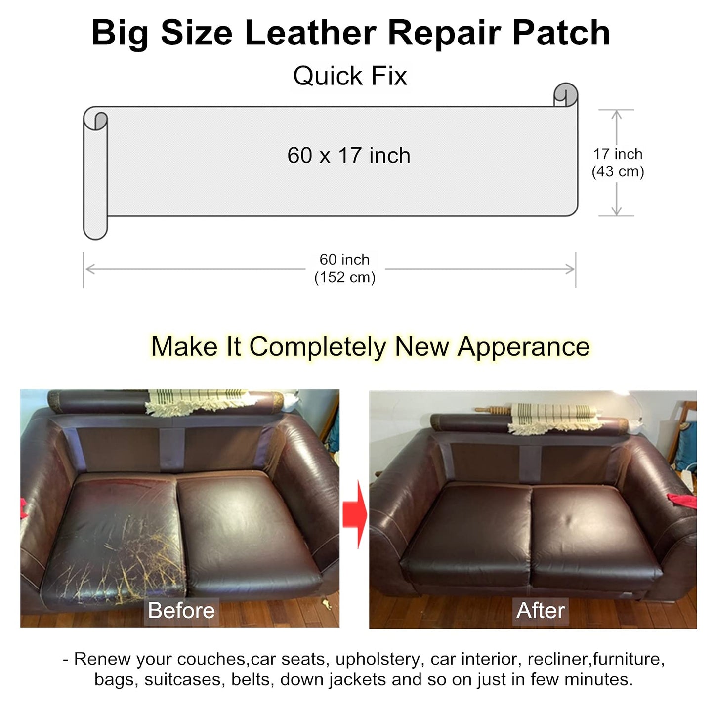 ILOFRI Leather Repair Tape Big Size 60x17 inch, Durable Self Adhesive Vinyl and Leather Repair Kit for Couch, Car Seat, Furniture, Sofa, Chair. Bonded Leather Repair Patch - Khaki