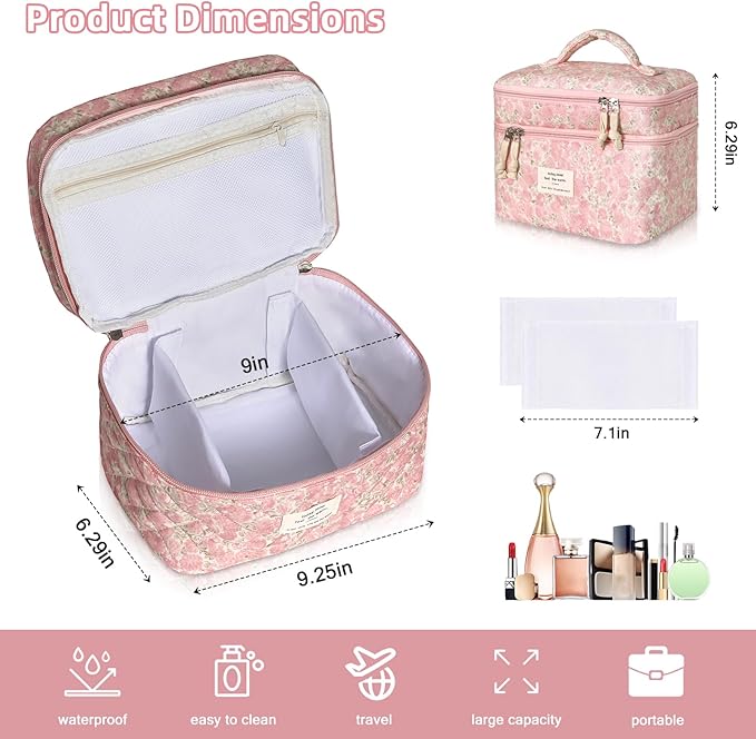Makeup Bag, Portable Travel Make up Bag, Large Capacity Quilted Cosmetic Organizer Bag, Cute Floral Toiletry Bag for Women Girls (Pink Floral)