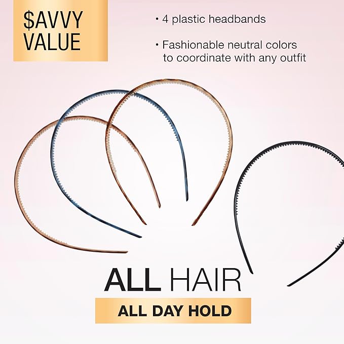 Scunci by Conair Effortless Beauty Skinny headband -plastic Headbands for Women and Men - hair accessories for women - Neutral Colors - 4 Count