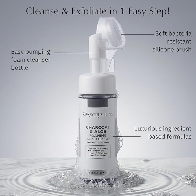 SpaScriptions 2 in 1 Cleanse & Exfoliate Foaming Facial Cleanser - Charcoal & Aloe Face Wash with Silicone Brush for Deep Cleansing & Oil Control with Hydration Support for Daily Cleansing, 5 oz