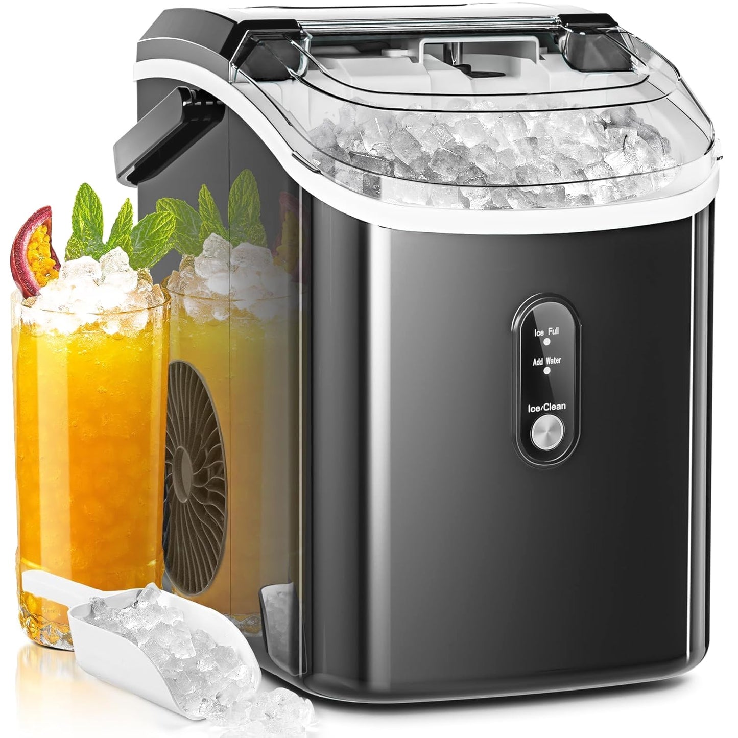 AGLUCKY Nugget Ice Makers Countertop with Handle, Portable Pebble Ice Machine with Soft Chewable Ice,Self-Cleaning,One-Click Operation for Home/Kitchen (Dark Black)