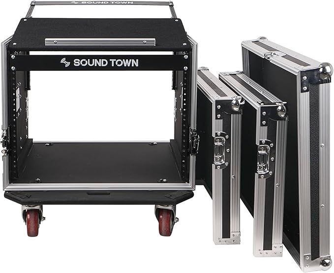Sound Town Enhanced Thickness 1/2” (12mm) Plywood 8U Audio Rack/Road ATA Case with 11U Slant Mixer Top, 20’’ Rackable Depth, Casters, 8 Space Size, Pro Tour Grade (STMR-8UW)