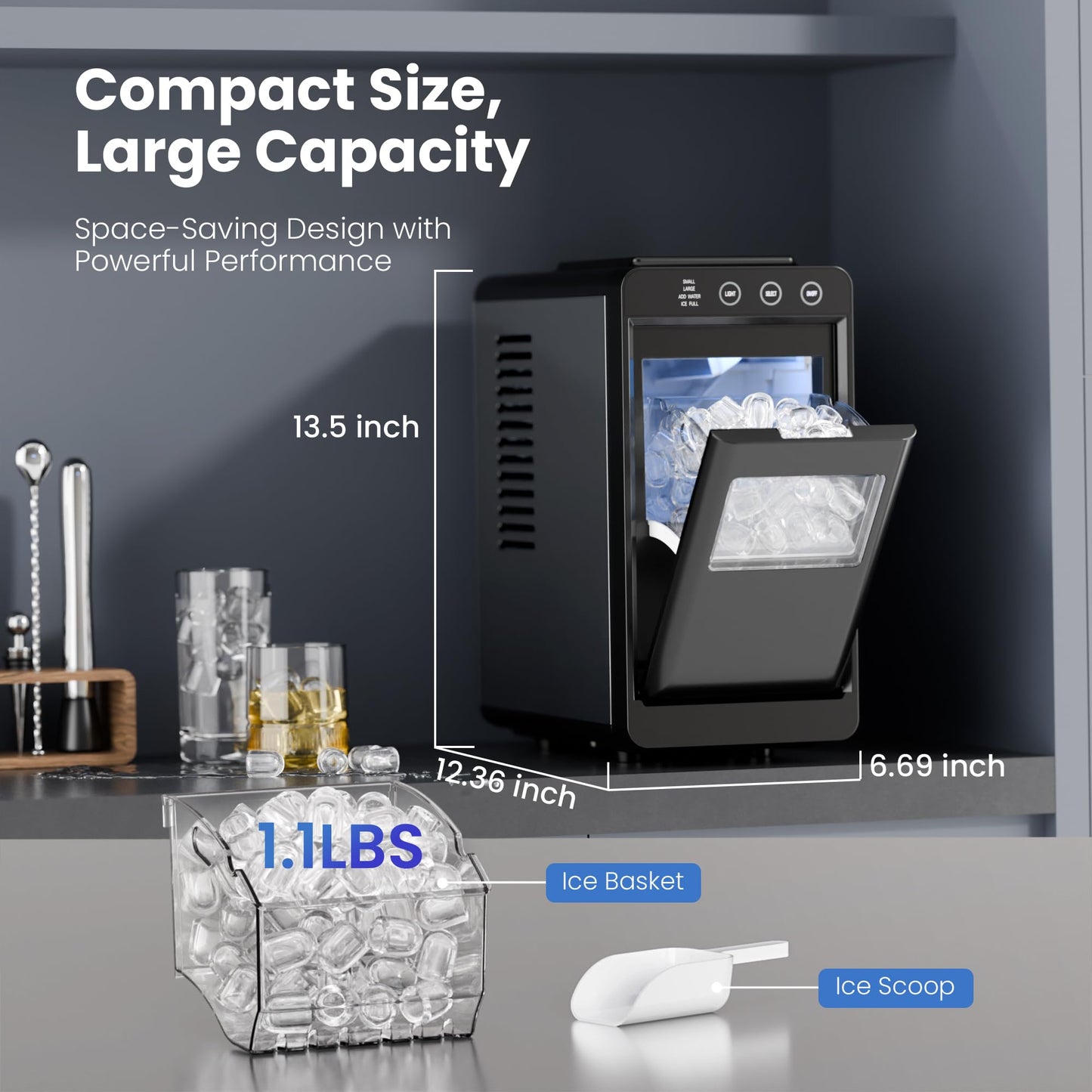 Ice Makers Countertop,26Lbs/24H,Portable Ice Maker Machine with Self-Cleaning,Interior Lighting,2 Sizes of Bullet Ice for Home/Office/Party(Black)