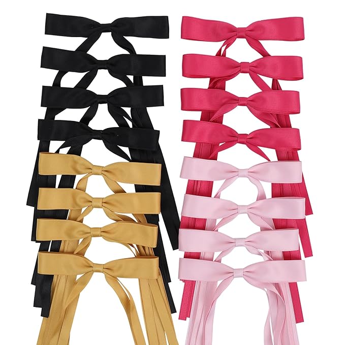 Hair Bows Clips Coquette Ribbon Bowknot with Long Tail Princess Hair Bows French Barrettes Hair Accessories for Women Girls 16PCS (Rose red, Pink, Yellow, Black)