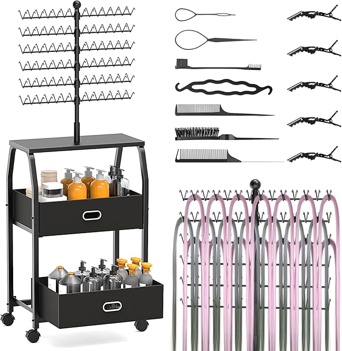 XINTUO Portable Braiding Hair Rack With Wheels & Storage Drawers,168 Pegs Hair Extension Holder Hanger for Braiding Hair Separator Stand Display,Hair rack with stylist hair braiding tools(black)