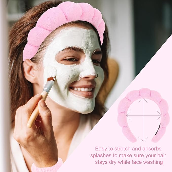 6Pcs Pink Spa Headband and Wrist Washband Set, Skincare Makeup Headband, Sponge Face Wash Terry Cloth Puffy Hair Band for Washing Face