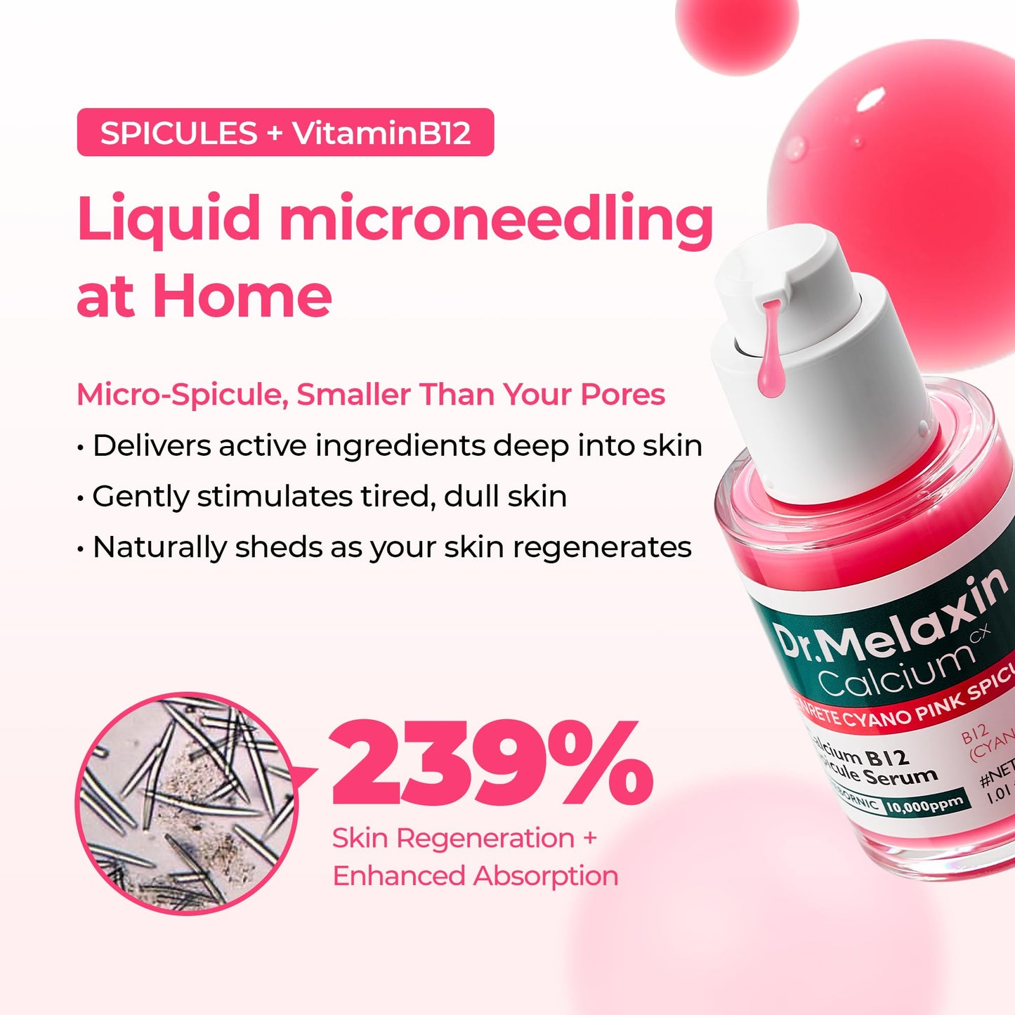 Dr.Melaxin Cyano Pink Spicule Serum with Vitamin B12, Liquid Microneedle Facial Treatment for Enlarged Pores, Niacinamide for Texture Refining & Renewal, 1.01 fl.oz