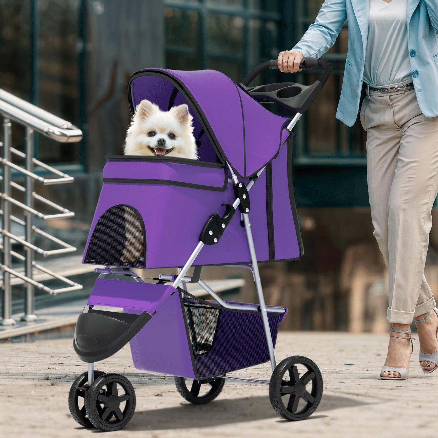 Magshion 3-Wheel Pet Stroller, Foldable Travel Jogger for Small & Medium Dogs & Cats (Up to 33lbs), Lightweight Carrier with Breathable Mesh Cover, Cup Holder & Storage Basket, Purple