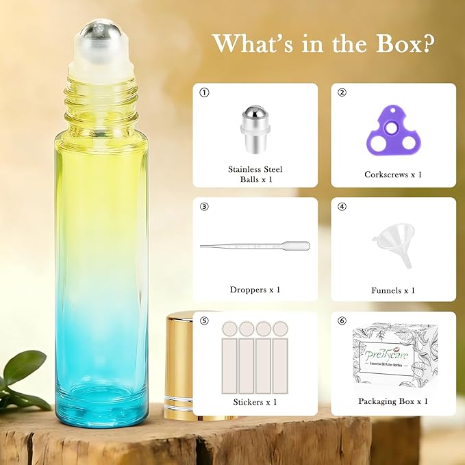 PrettyCare 4 Pack, 10 ml Essential Oil Roller Bottles with Stainless Steel Roller Ball - Refillable Leak-proof Empty Thick Blue& Yellow Glass Roll on Bottles with Golden Caps for Travel, Perfume