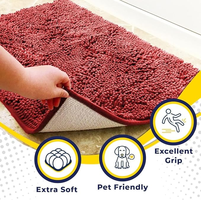 Muddy Mat® | Super Absorbent Door Mat Indoor, Microfiber Quick Dry Chenille Entryway Rug, Non-Slip Front Door Mat, Indoor Mats for Entryway, Machine Washable Pet Rug, Red 24" x 96"