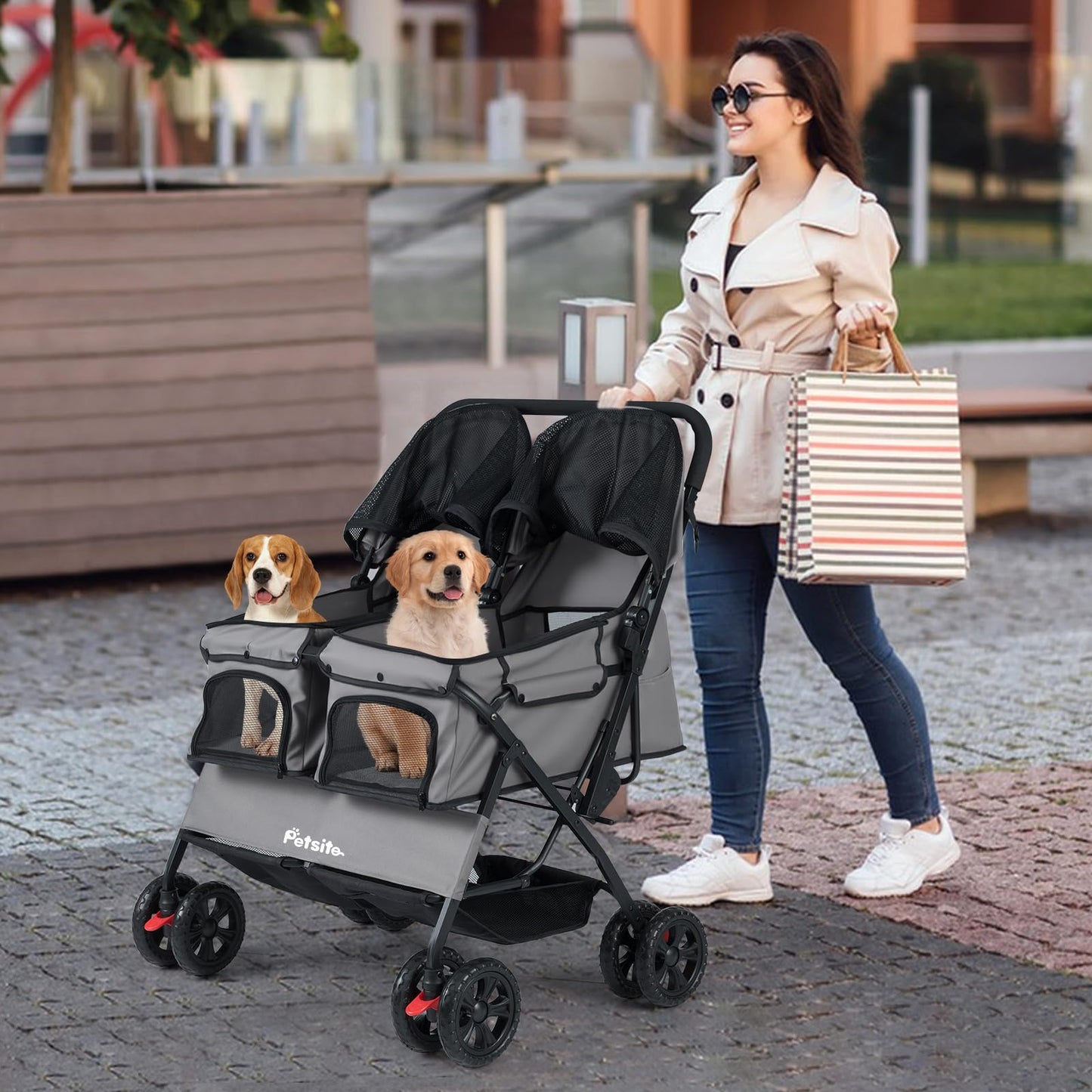 PETSITE Double Pet Stroller, Foldable Double Dog Stroller with 2-Seater Carrier, Adjustable Sunshade, Removable Pad, Safety Belt, Storage Basket, 4-Wheel Pet Travel Cart for 2 Puppies & Cats (Grey)