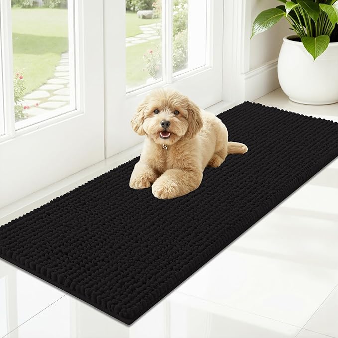 OLANLY Dog Door Mat for Muddy Paws 47x17, Ultra Absorbent Chenille Mud Doormat, Non-Slip Washable and Dirt Trapping Doormat for Indoor Entryway, Quick-Dry Indoor Pet Bed Mats for Dogs, Black