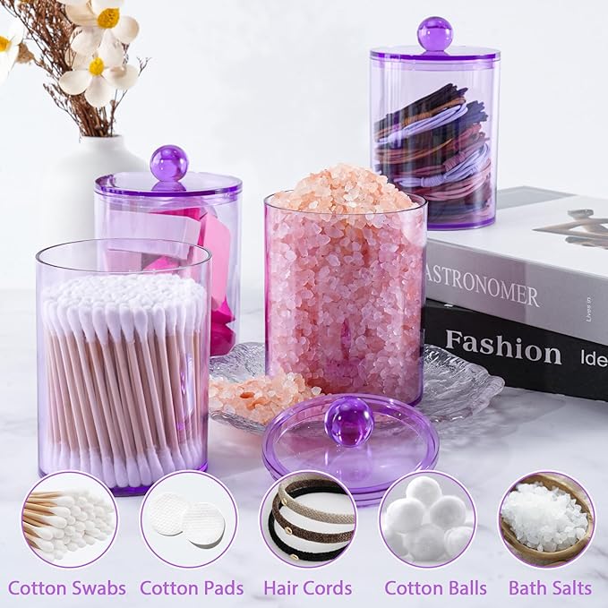 XIPENGKEJI 6 Pack Qtip Holder,Canister Apothecary Jar Set, Bathroom Jars with Lids Set for Cotton Swabs, Balls, Pads, Floss Picks,10oz-12oz Plastic Canisters Restroom Bedroom Vanity Organizer(Purple)
