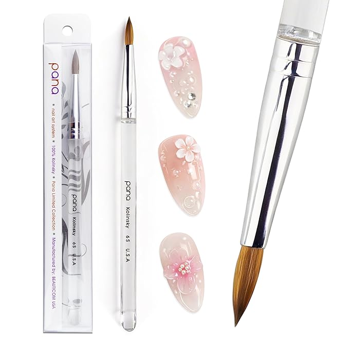 PANA Pure Kolinsky Hair Nail Brush - Round Clear Acrylic Handle (Size 6) - for Acrylic Nail Application, Nail Extension, Manicure Pedicure Salon Beginner and Professional