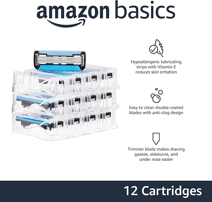 Amazon Basics 5-Blade Razor Refills for Men with Dual Lubrication, Hypoallergenic, Clean Shave, Precision Beard Trimmer, 12-Pack (Fits Amazon Basics Razor Handles only)