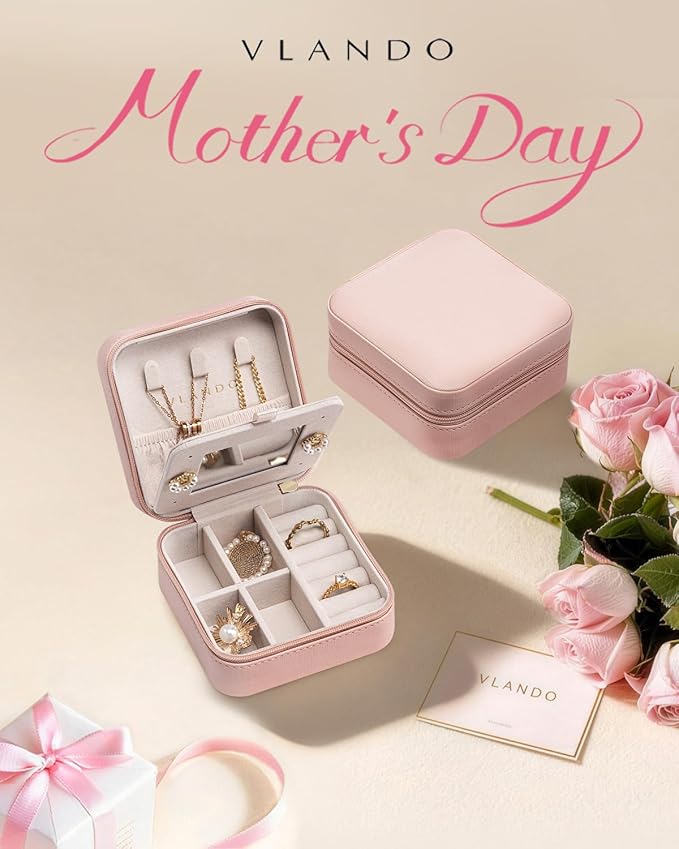 VLANDO Valentines Day Gifts - Small Travel Jewelry Box Organizer -Jewelry Display Case for Girls Women Bridesmaid Gift Rings Earrings Necklaces Storage with Mirror Pink